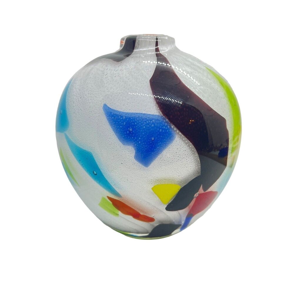 Crate and Barrel Bud Vase White Hand Blown Art Glass Splatter Cased Ziggy 4.5" H